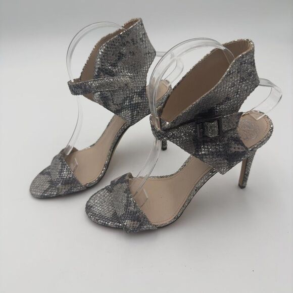 New Vince Camuto Tarma Snakeskin Leather Ankle Strap Shimmering Silver Heel Sz 8 - Picture 4 of 7